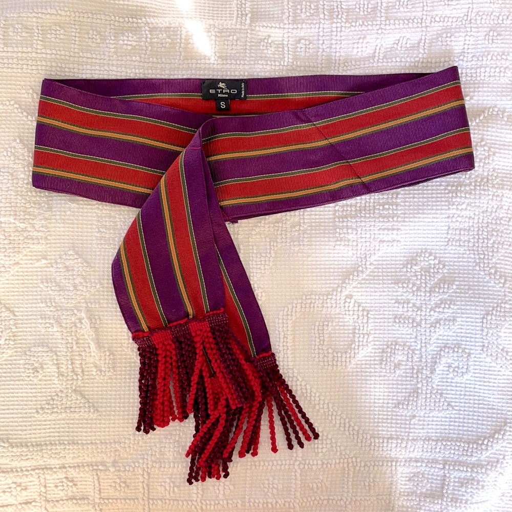 ETRO wide satin fringe belt - excellent condition - red purple olive ochre - S/M